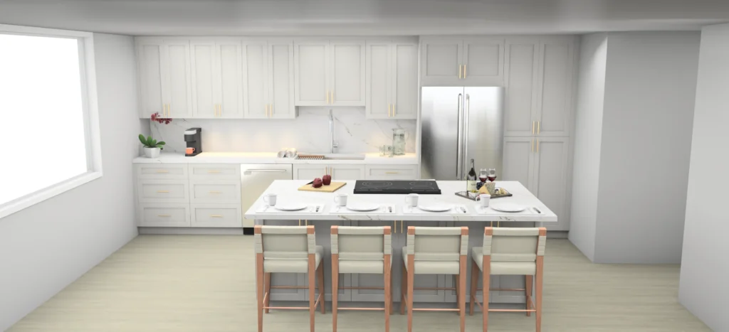 3D rendering of a white kitchen with a long island and four bar stools