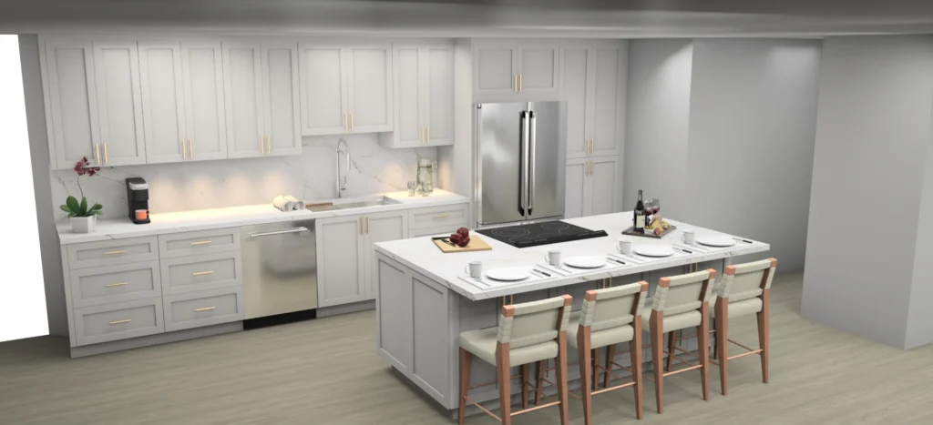 3D rendering of the same kitchen from an angle, showing the island cooktop and wall cabinets