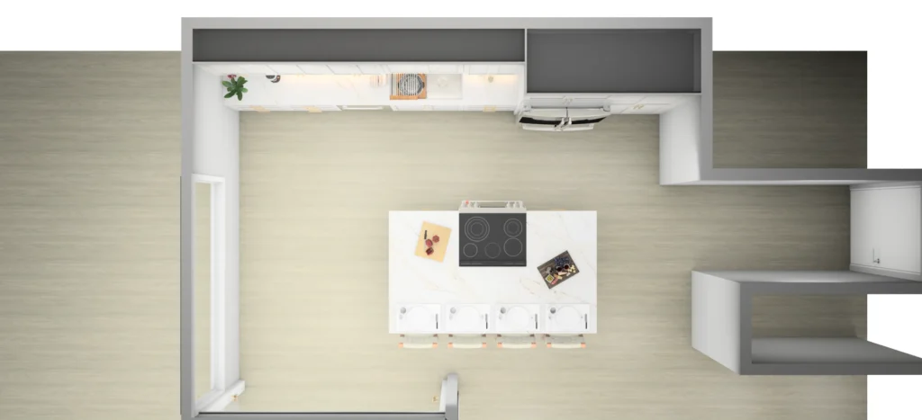Top-down 3D plan of the kitchen layout with a central island