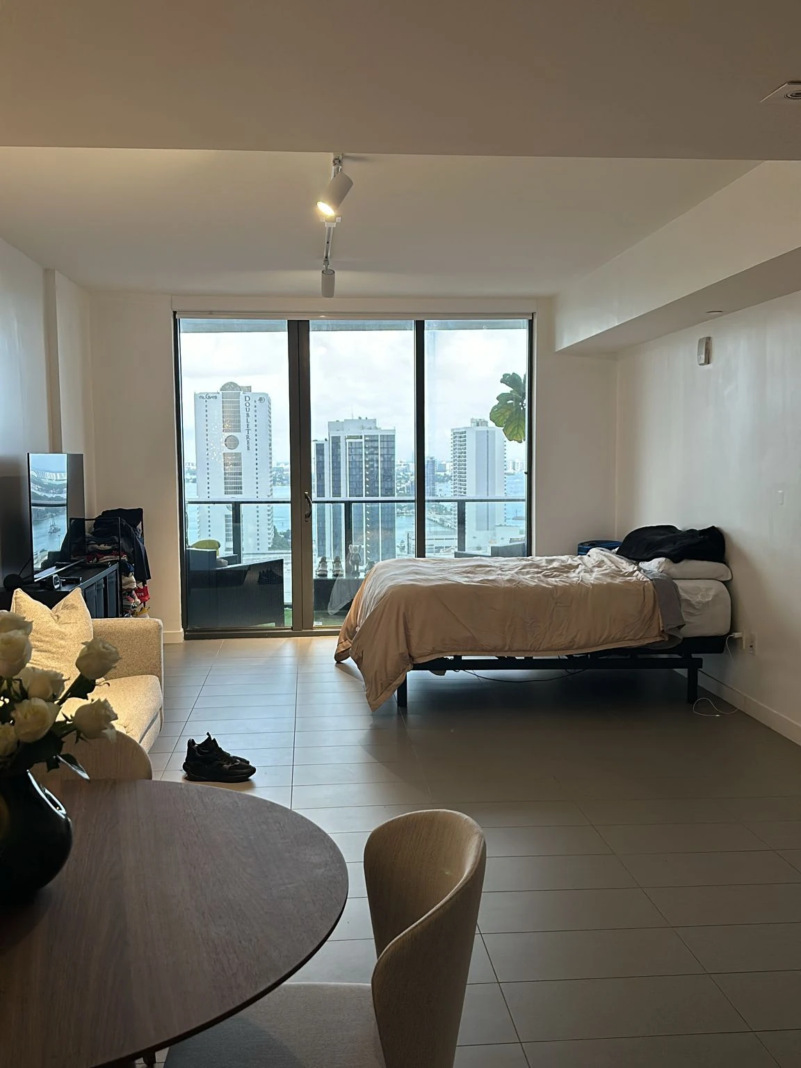The open studio before the divider, with the bed visible from the dining area