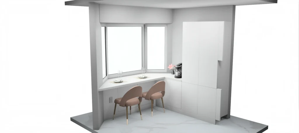 3D rendering of the kitchen extension with a window desk, two chairs and a tall pantry