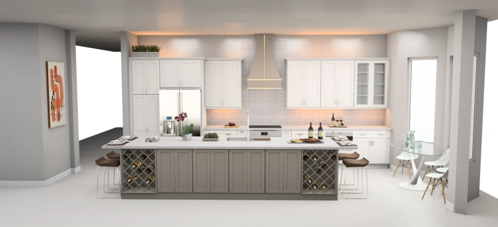 3D rendering of an open kitchen with a long island and white cabinets