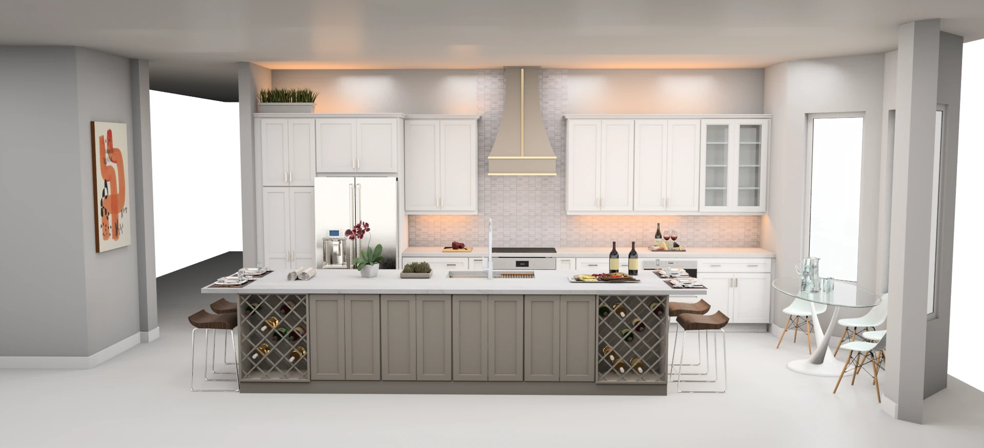 3D rendering of an open kitchen with a long island and white cabinets