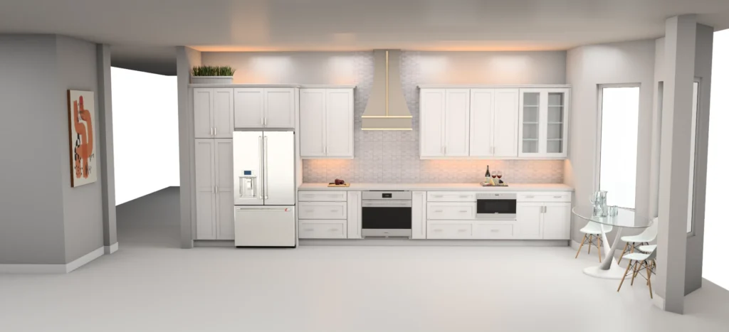 3D rendering of a kitchen elevation with refrigerator, ovens and island