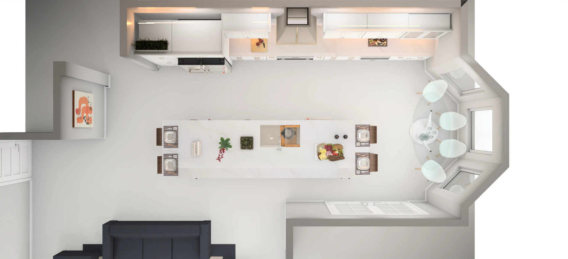 Top-down 3D floor plan of a kitchen and living area