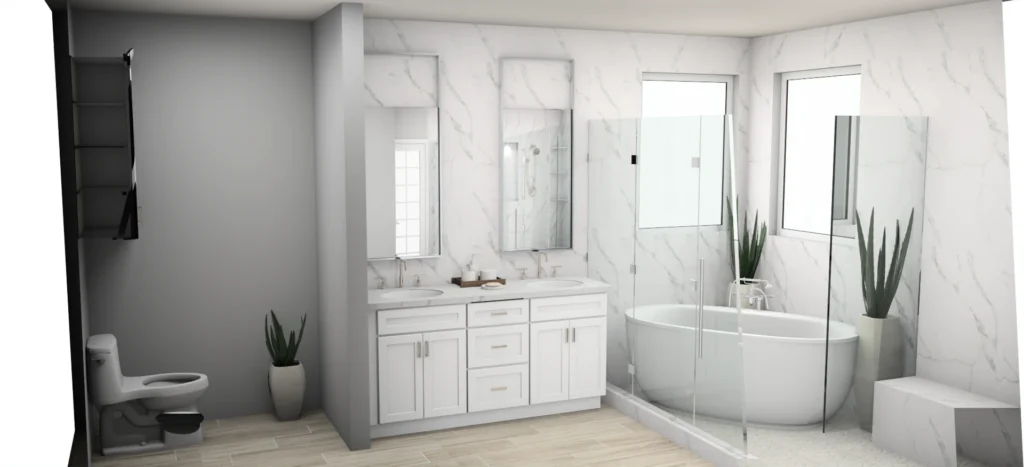 3D rendering of a master bathroom with freestanding tub, glass shower and double vanity