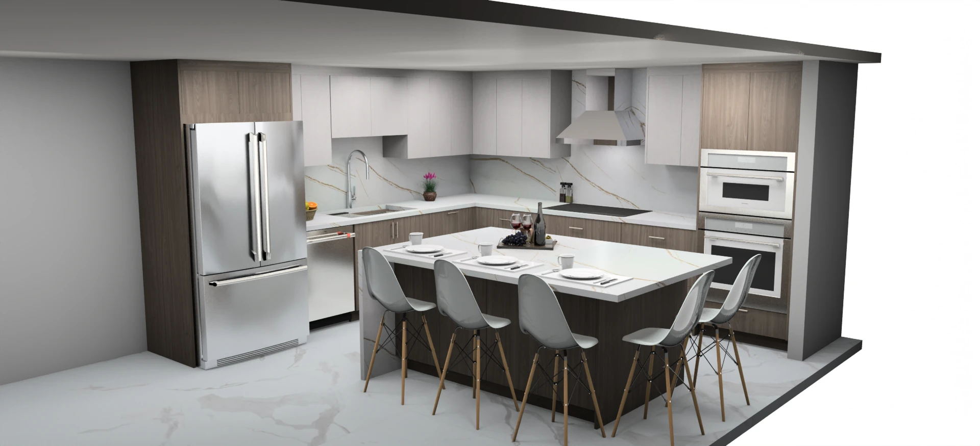3D rendering of a kitchen with dining island and wood-tone cabinets