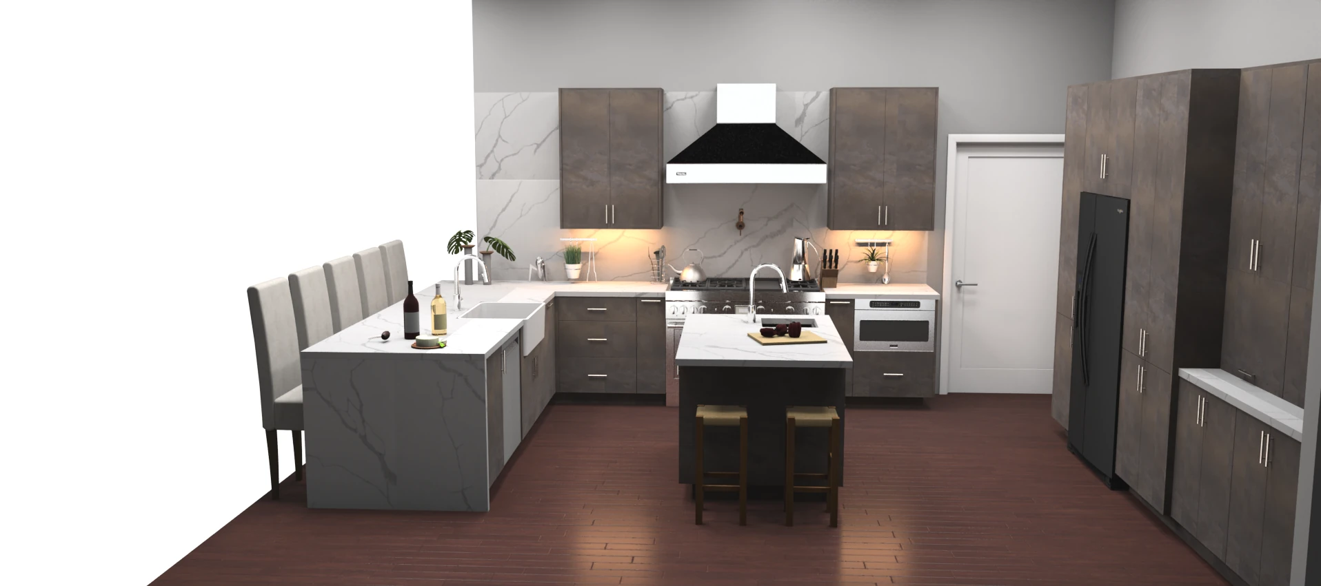 3D rendering of a kitchen with island seating and a black range hood