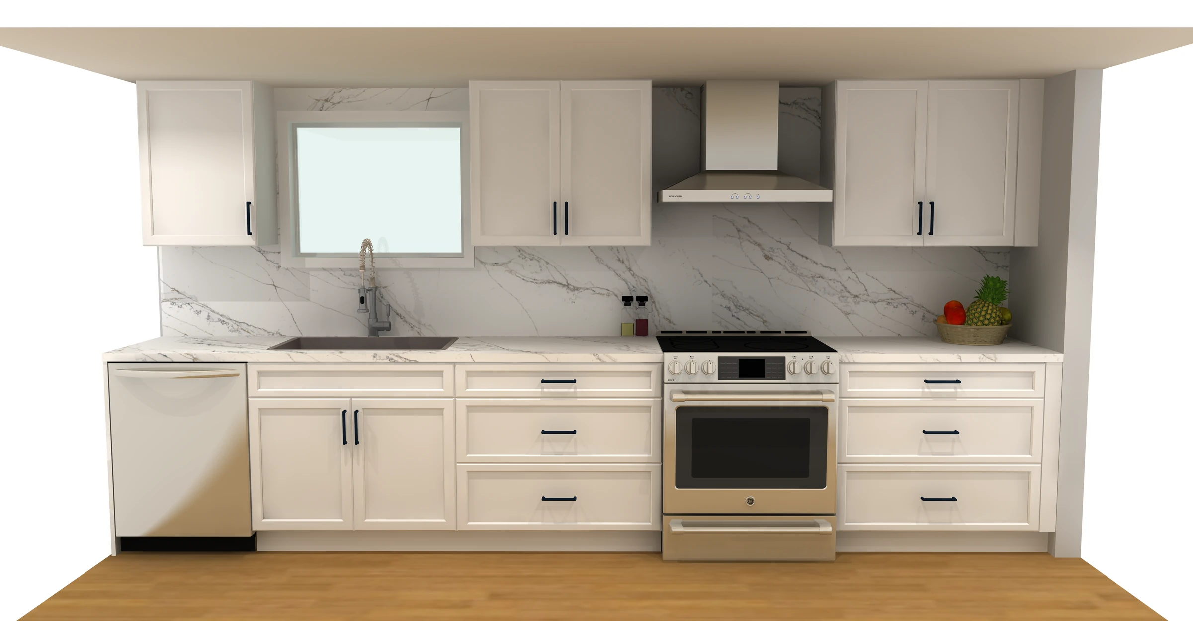 3D rendering of a white shaker kitchen wall with range and window