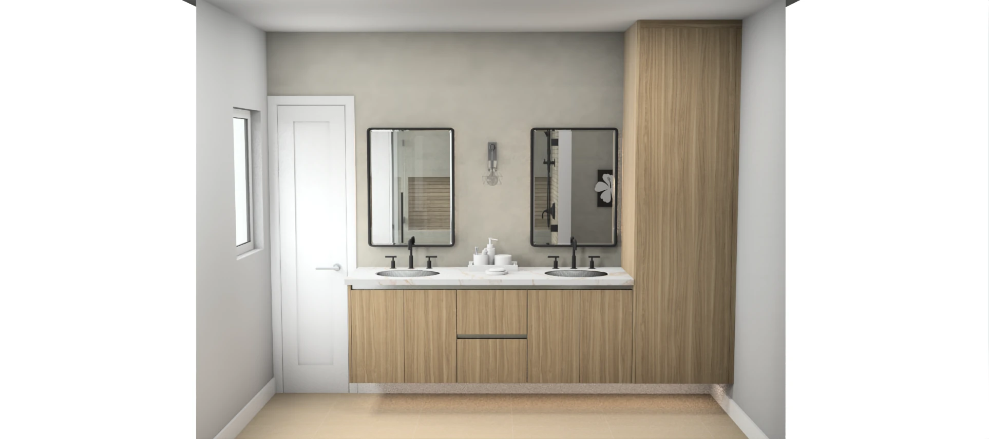 3D rendering of a bathroom with a floating light-oak double vanity, two black mirrors and a tall linen cabinet