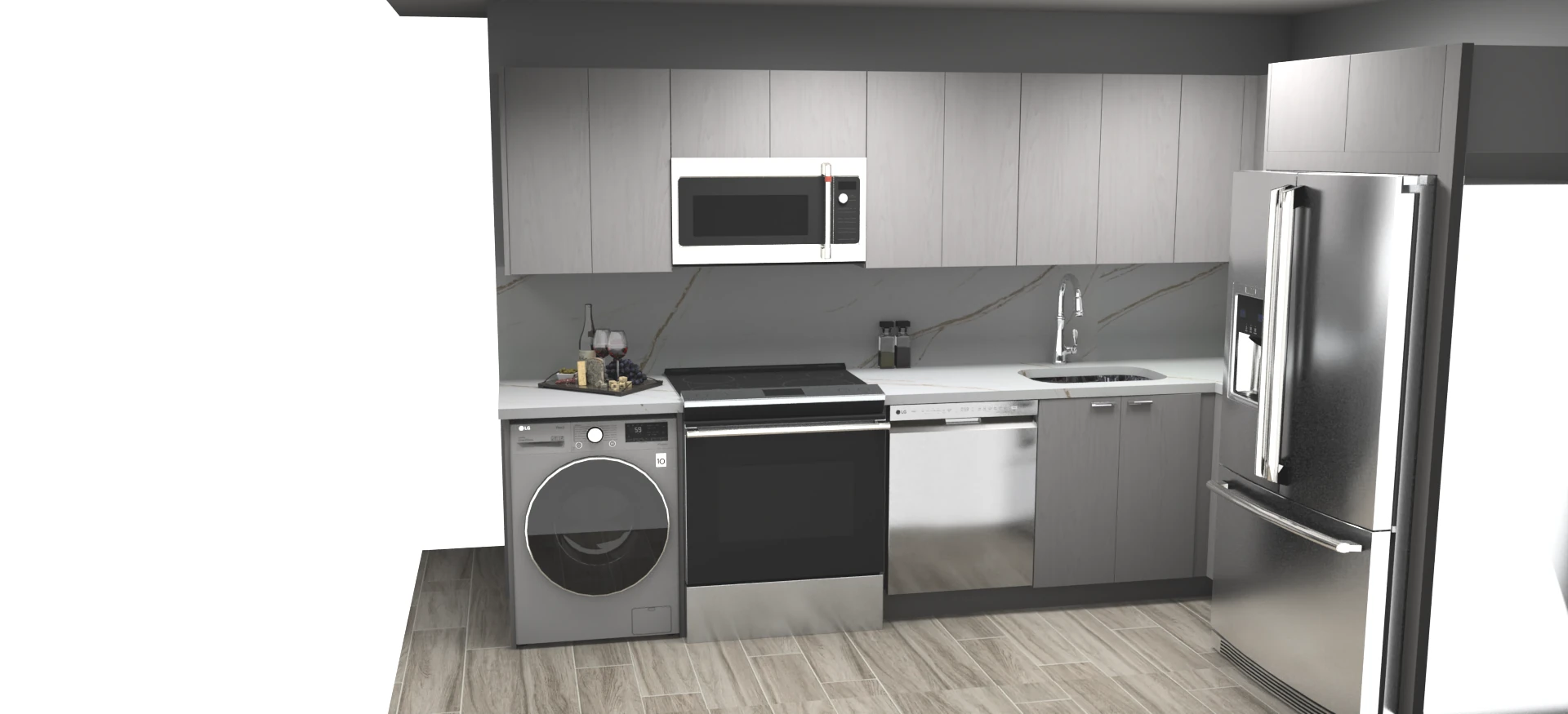 3D rendering of a compact kitchen with a washer under the counter, before it was built