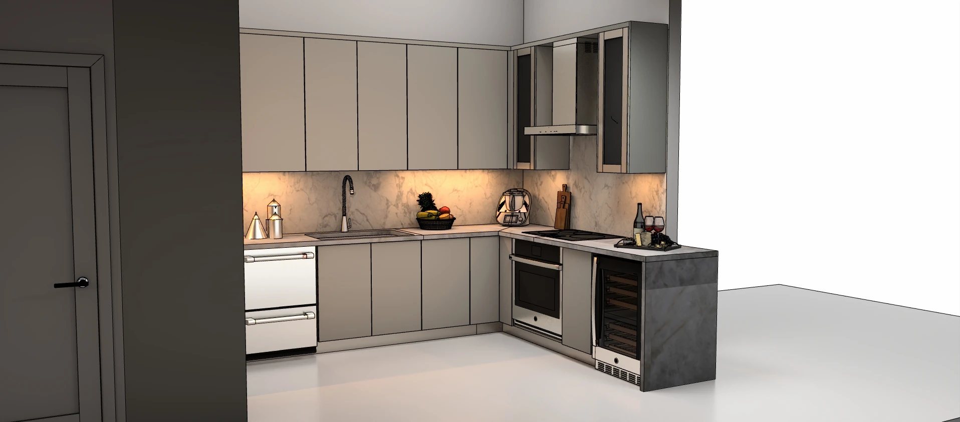 3D rendering of a U-shaped kitchen with flat taupe cabinets, a marble backsplash and warm under-cabinet lighting
