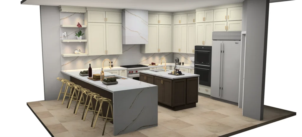 3D rendering of a cream kitchen with two islands and bar seating