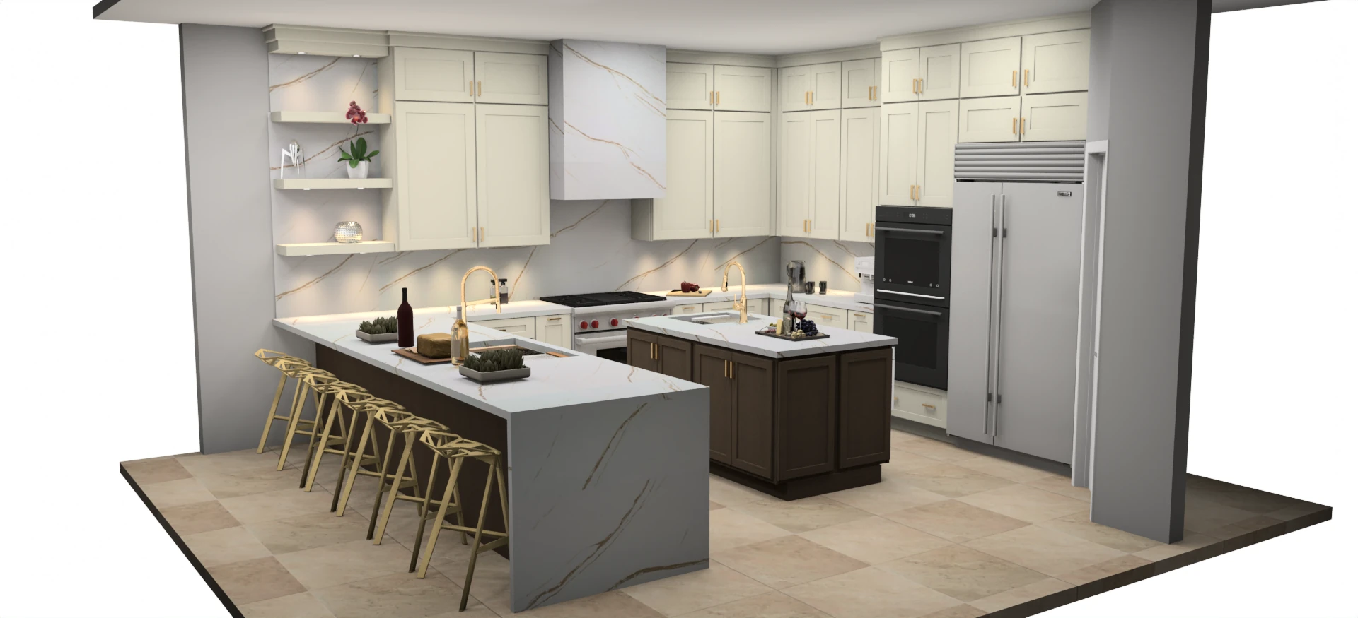 3D rendering of a cream kitchen with two islands and bar seating