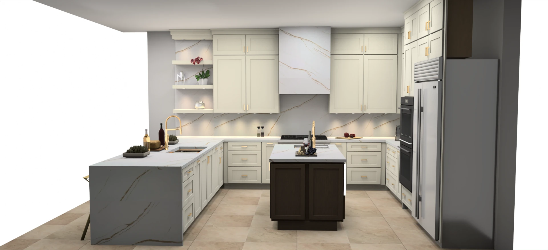 3D rendering of a cream kitchen with a quartz hood and dark island